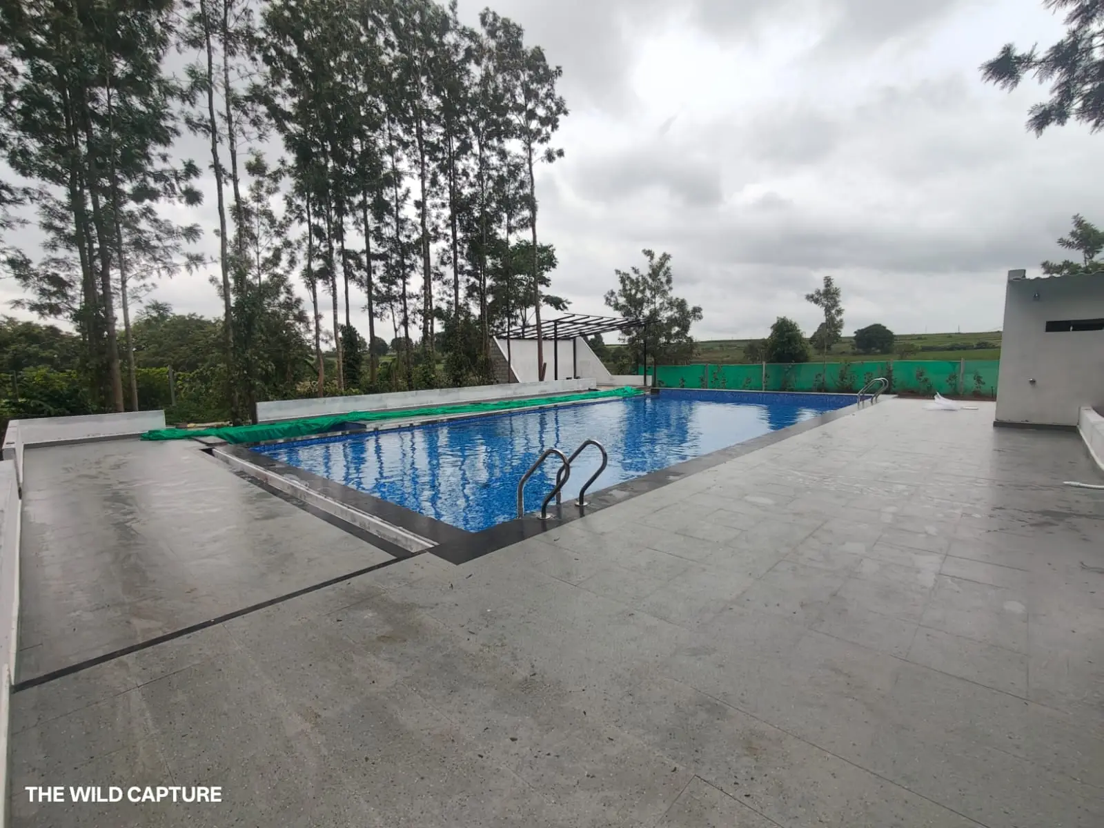 The swimming pool and its stone deck, with tall trees and open fields beyond
